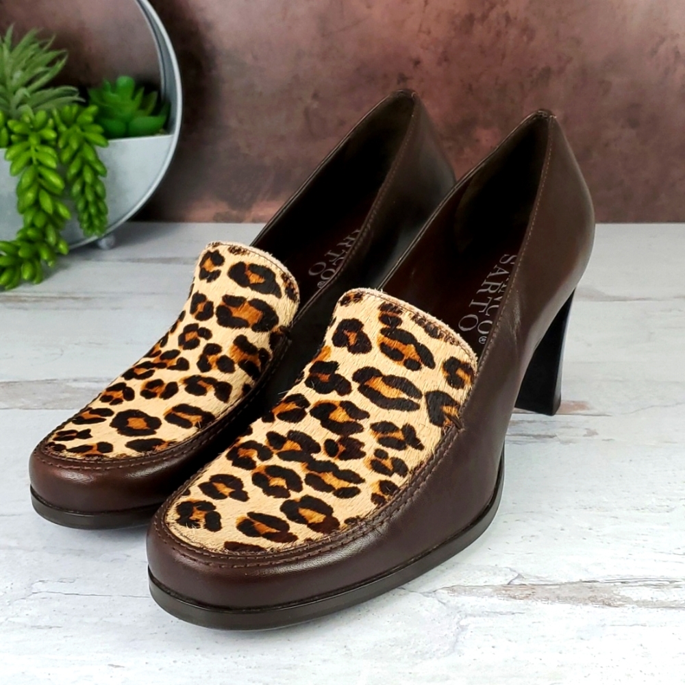 Franco Sarto | Dark Brown Leather and Leopard Career Wear Loafer Heels
